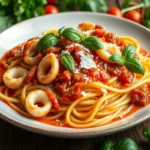 squid pasta with tender squid rings, garlic, olive oil, and fresh parsley, served with a slice of lemon.