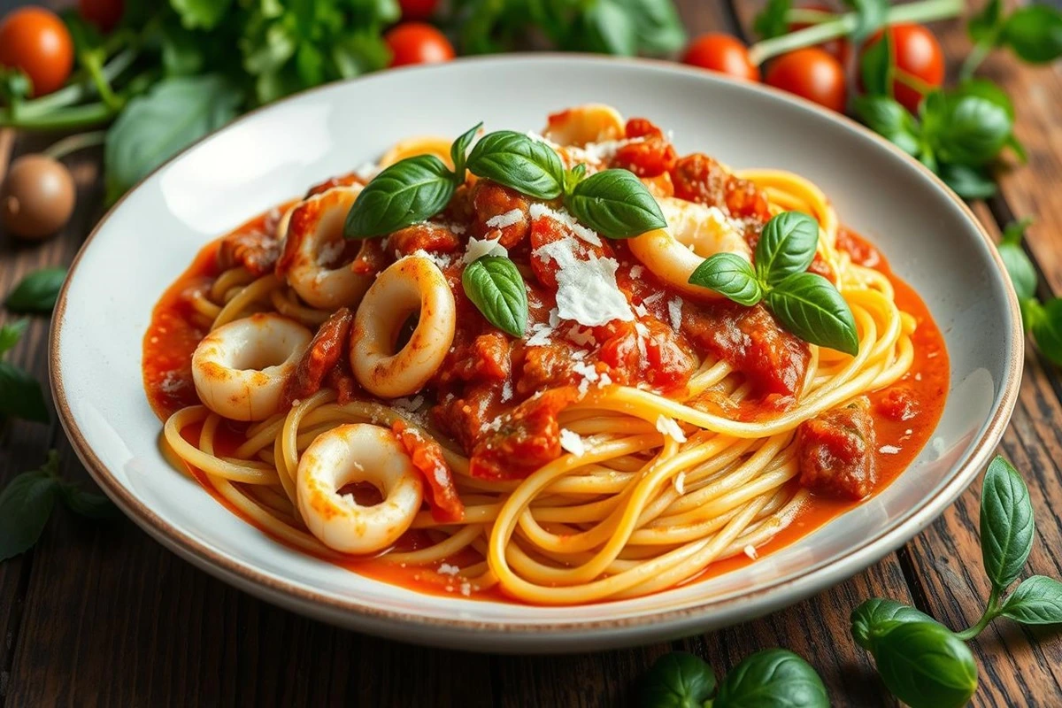 squid pasta with tender squid rings, garlic, olive oil, and fresh parsley, served with a slice of lemon.