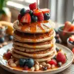 Stack of fluffy vegan buckwheat pancakes topped with fresh berries and maple syrup.