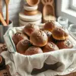 A cozy kitchen scene featuring freshly baked buckwheat chocolate sweet rolls arranged neatly in a vintage glass container, with a linen cloth draped over them, surrounded by rustic kitchen utensils and ingredients, soft natural light illuminating the scene.