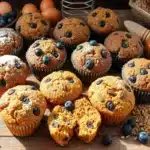 Freshly baked buckwheat muffins on a plate with a drizzle of honey.