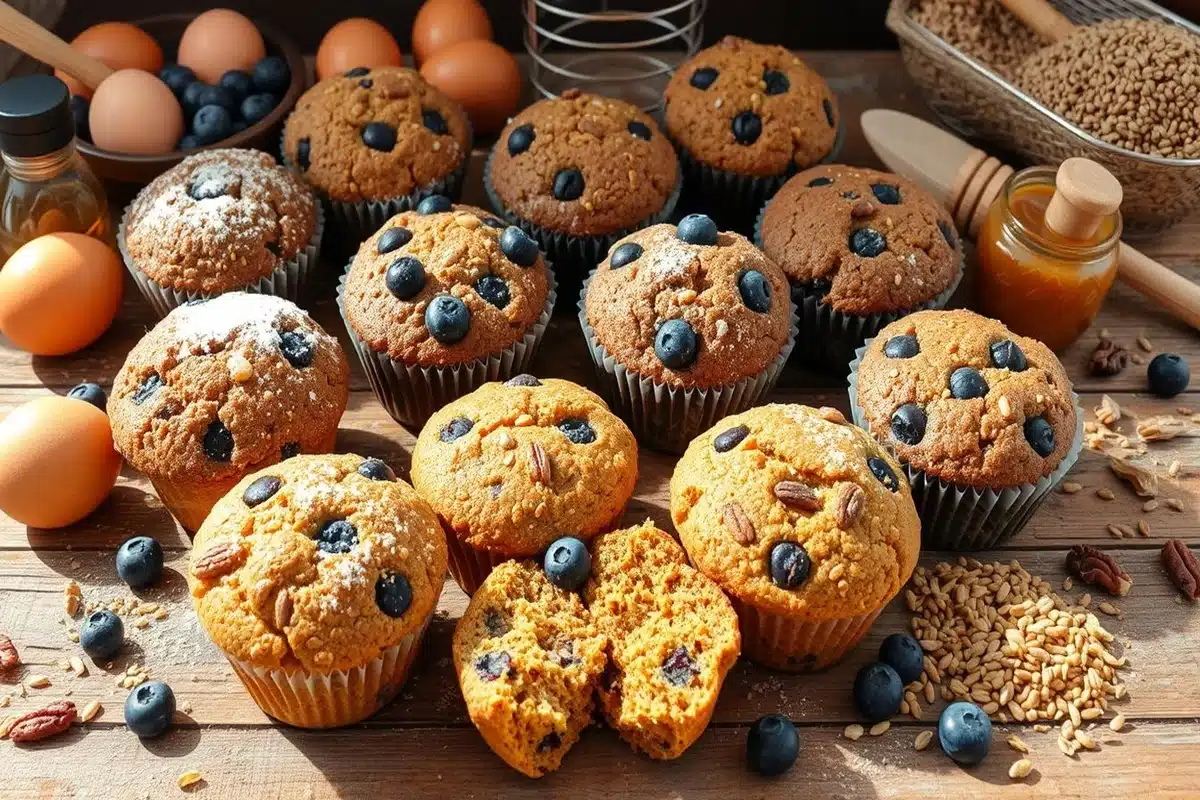 Freshly baked buckwheat muffins on a plate with a drizzle of honey.